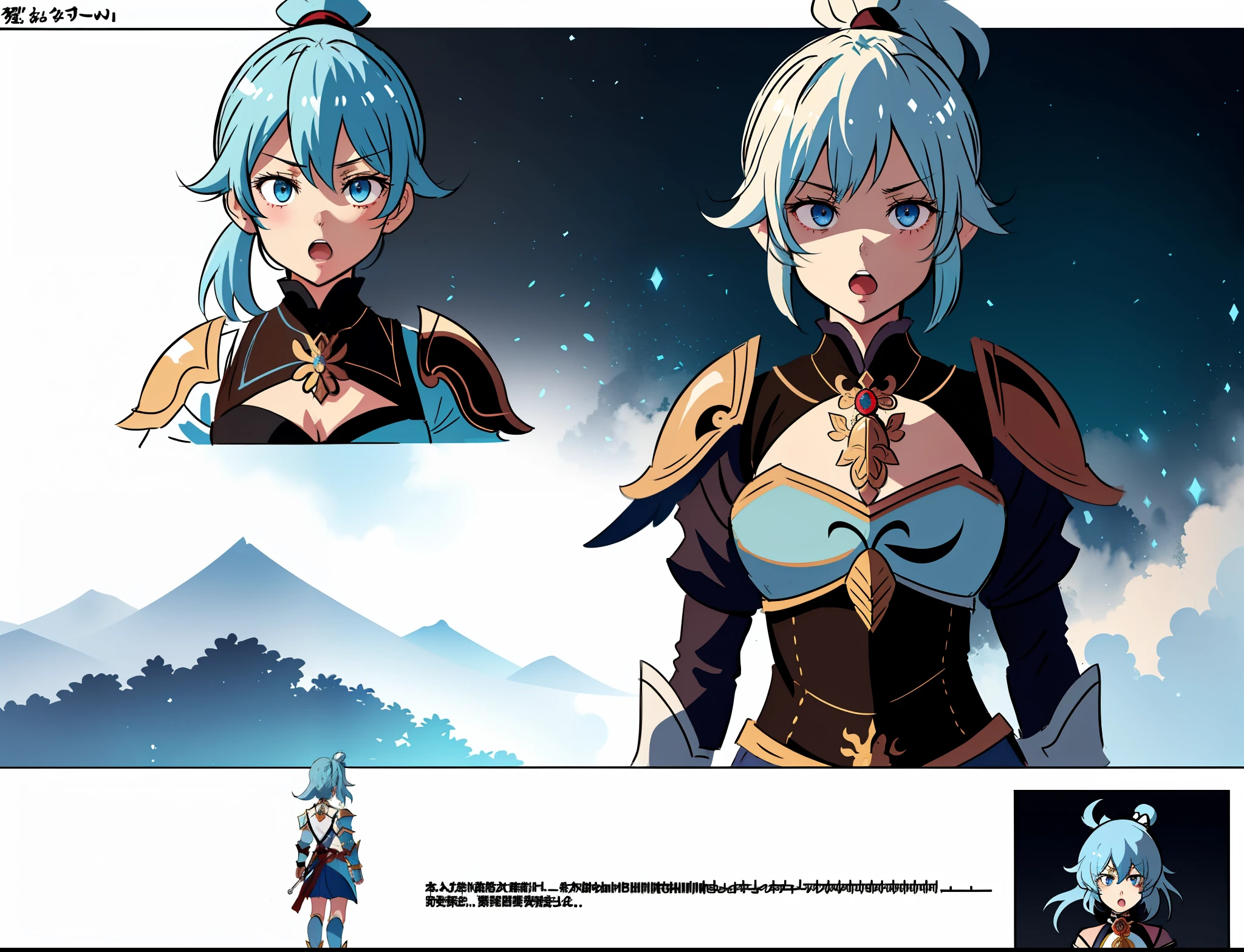 hinghoi, best quality, 1girl, (open mouth), chest, flat chest, no cleavage, light blue hair, eye hair, split ponytail, dark blue eyes, in knightly armor without jewelry and ties, white background, simple background, back, multiple views, concept art, reference sheet, in clothes and without clothes