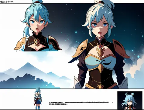 hinghoi, best quality, 1girl, (open mouth), chest, flat chest, no cleavage, light blue hair, eye hair, split ponytail, dark blue...