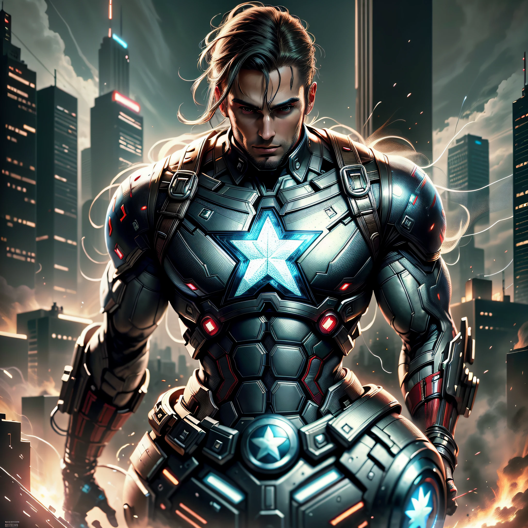 Captain America DC Comics Futuristic Cyber Punk Style (Masterpiece) (Best Quality) (Detailed) (8K) (HDR) (Wallpaper) (Cinematic Lighting) (Sharp Focus) (Intricate) --auto --s2