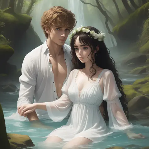A couple taking a deep river bath together, half the body submerged; the woman is Lily Collins with black curly hair, simple med...