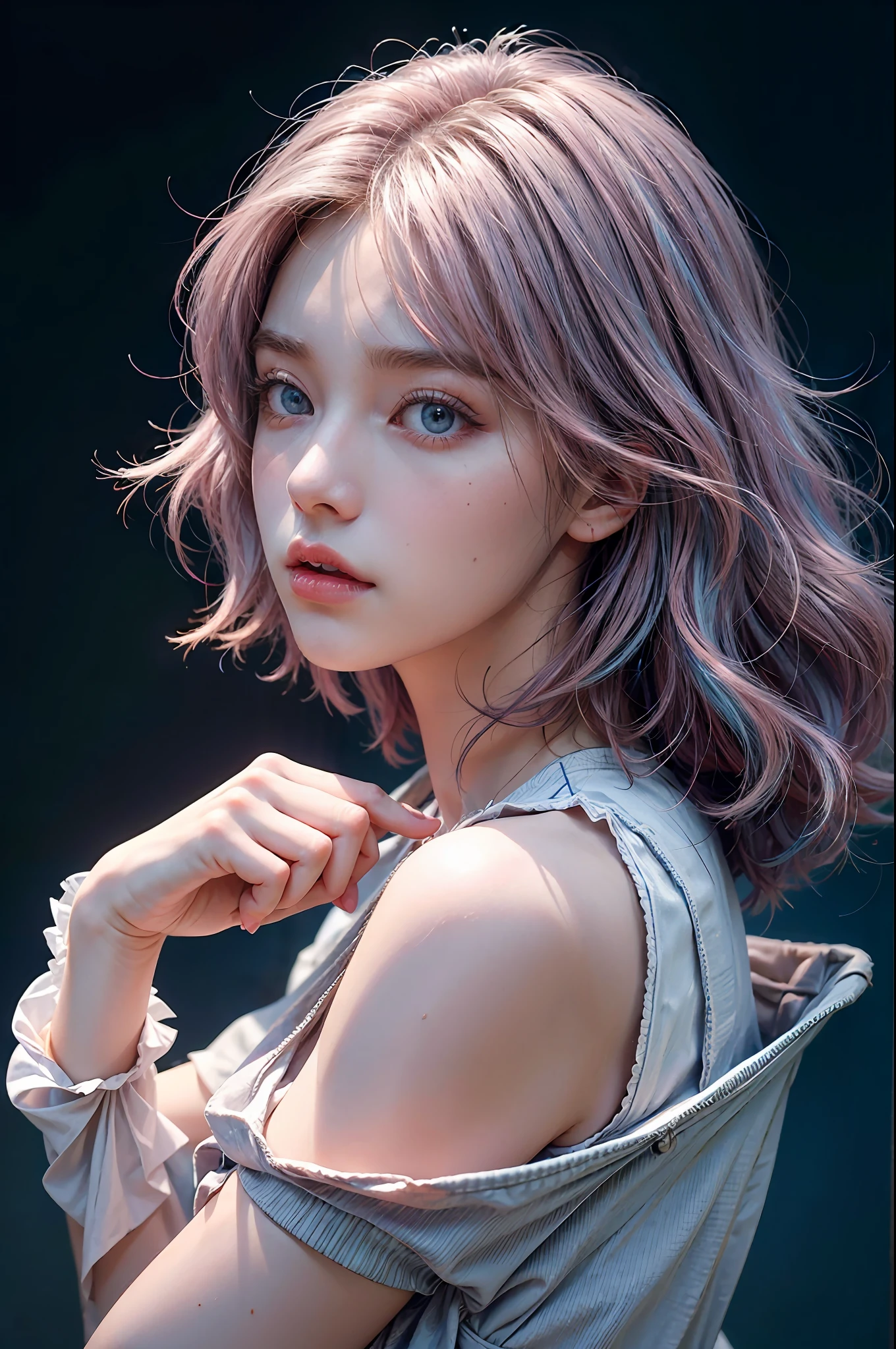 (masterpiece,realistic, best quality:1.4), excited 25yo woman, pokies,she is pointing out to the right hand side, wavy short hair, ((mix pink-blue hair)), floating hair by wind blow, solo, white gloves, gloves, looking at viewer, lovely eyes, short hair,jewelry, detailed face and eyes, delicate and beautiful face,upon_body, tyndall effect,photorealistic, dark studio, rim lighting, two tone lighting,(high detailed skin:1.2), 8k uhd, dslr, soft lighting, high quality, volumetric lighting, candid, Photograph, high resolution, 4k, 8k, pokies, Bokeh