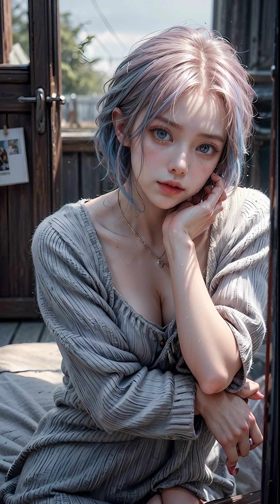 (masterpiece,realistic, best quality:1.4), excited 25yo woman, pokies,she is pointing out to the right hand side, wavy short hair, ((mix pink-blue hair)), floating hair by wind blow, solo, white gloves, gloves, looking at viewer, lovely eyes, short hair,jewelry, detailed face and eyes, delicate and beautiful face,upon_body, tyndall effect,photorealistic, dark studio, rim lighting, two tone lighting,(high detailed skin:1.2), 8k uhd, dslr, soft lighting, high quality, volumetric lighting, candid, Photograph, high resolution, 4k, 8k, pokies, Bokeh