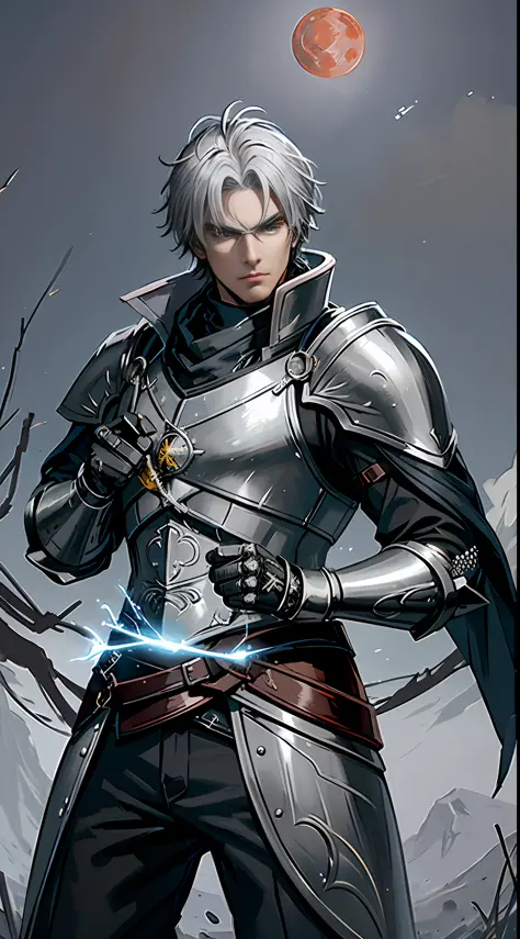 A rebellious man of 26 with shivering gray hair and silver eyes, his armor and silver with gold accents symbolizing electricity ...