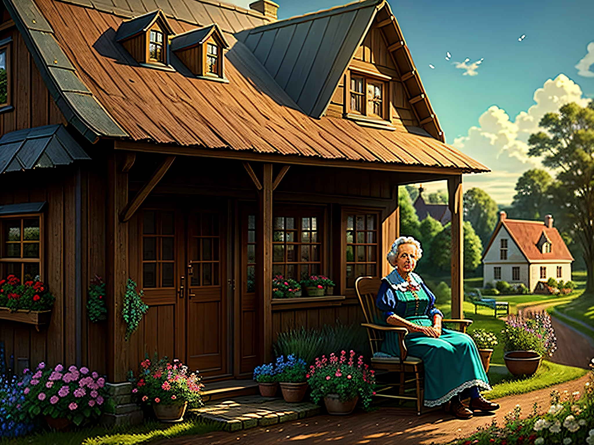 High quality, nostalgic scene detailed country house. Grandmother sitting outside the house, affectionate facial expressions, dim light