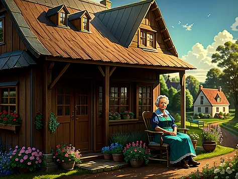 High quality, nostalgic scene detailed country house. Grandmother sitting outside the house, affectionate facial expressions, di...