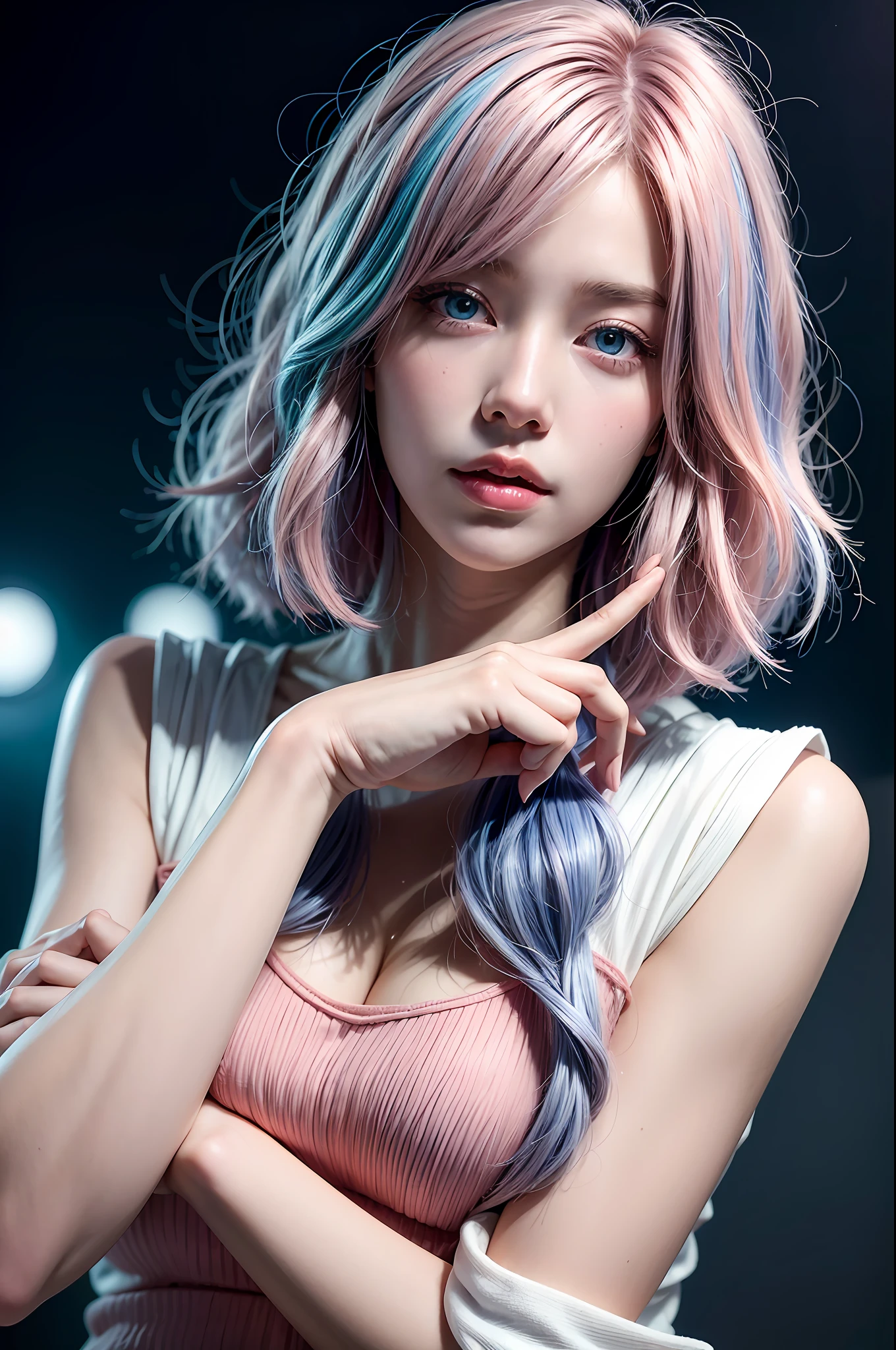 (masterpiece,realistic, best quality:1.4), excited 25yo woman, pokies,she is pointing out to the right hand side, wavy short hair, ((mix pink-blue hair)), floating hair by wind blow, solo, white gloves, gloves, looking at viewer, lovely eyes, short hair,jewelry, detailed face and eyes, delicate and beautiful face,upon_body, tyndall effect,photorealistic, dark studio, rim lighting, two tone lighting,(high detailed skin:1.2), 8k uhd, dslr, soft lighting, high quality, volumetric lighting, candid, Photograph, high resolution, 4k, 8k, pokies, Bokeh