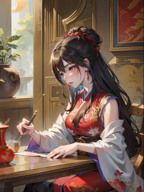 ancient china mythology, traditional style, greg rutkowski, bashful queen, isekai fantasy, wuxia genre, sitting at a table, (highly stylized artstyle), landscape
