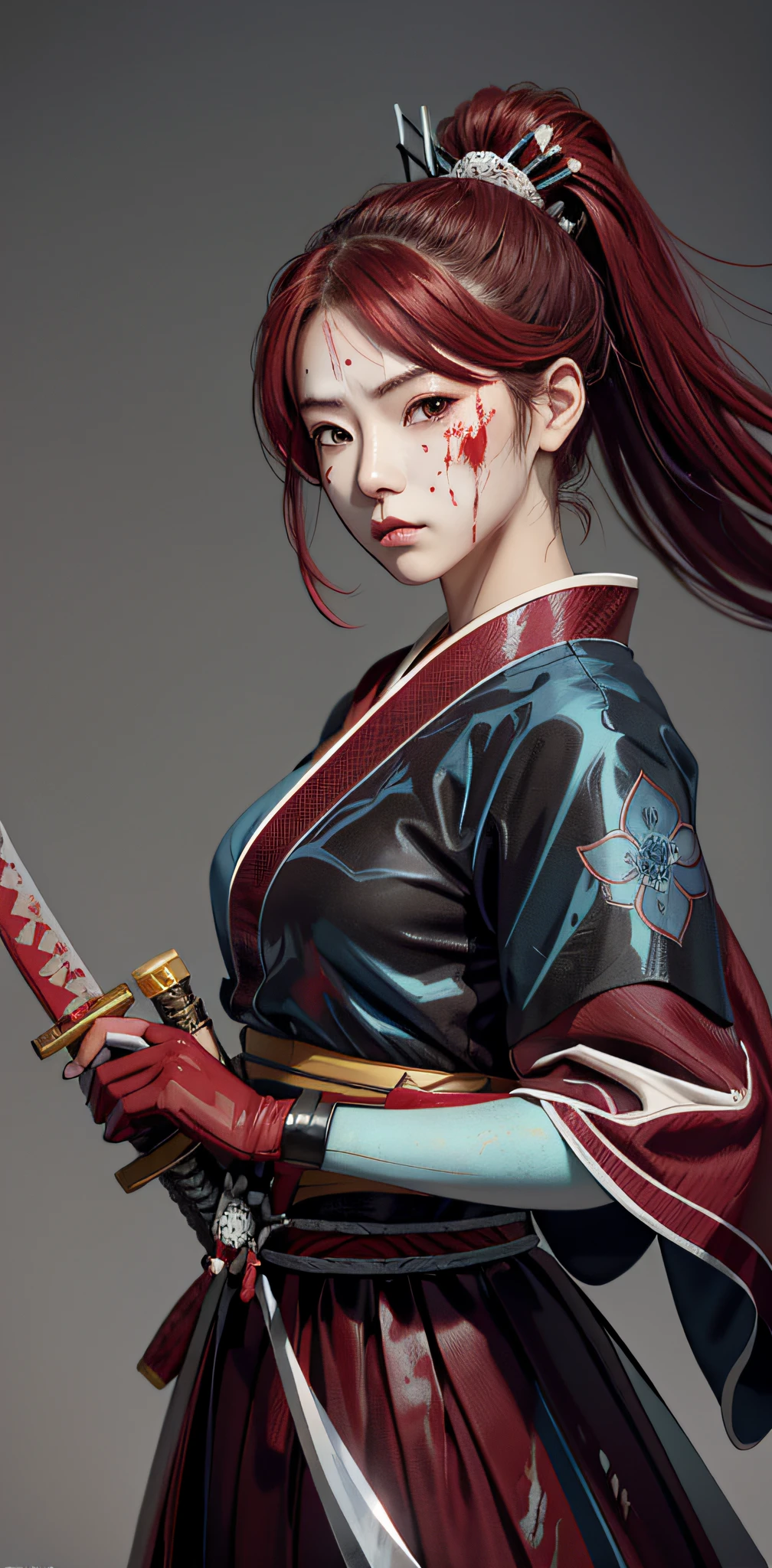 深紅色的頭髮, 日本武士, 拿著武士刀, 淺藍色武士服, 血 stains on her face, a large number of 血 spots splashed all over her body, (血: 1.5)