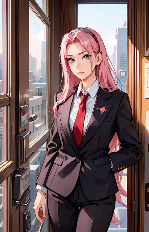 sakurans, ((solo)), alone, ((forehead the show)), elegant,wearing a feminine suit, pink hair, delicate, young, long hair, detail...