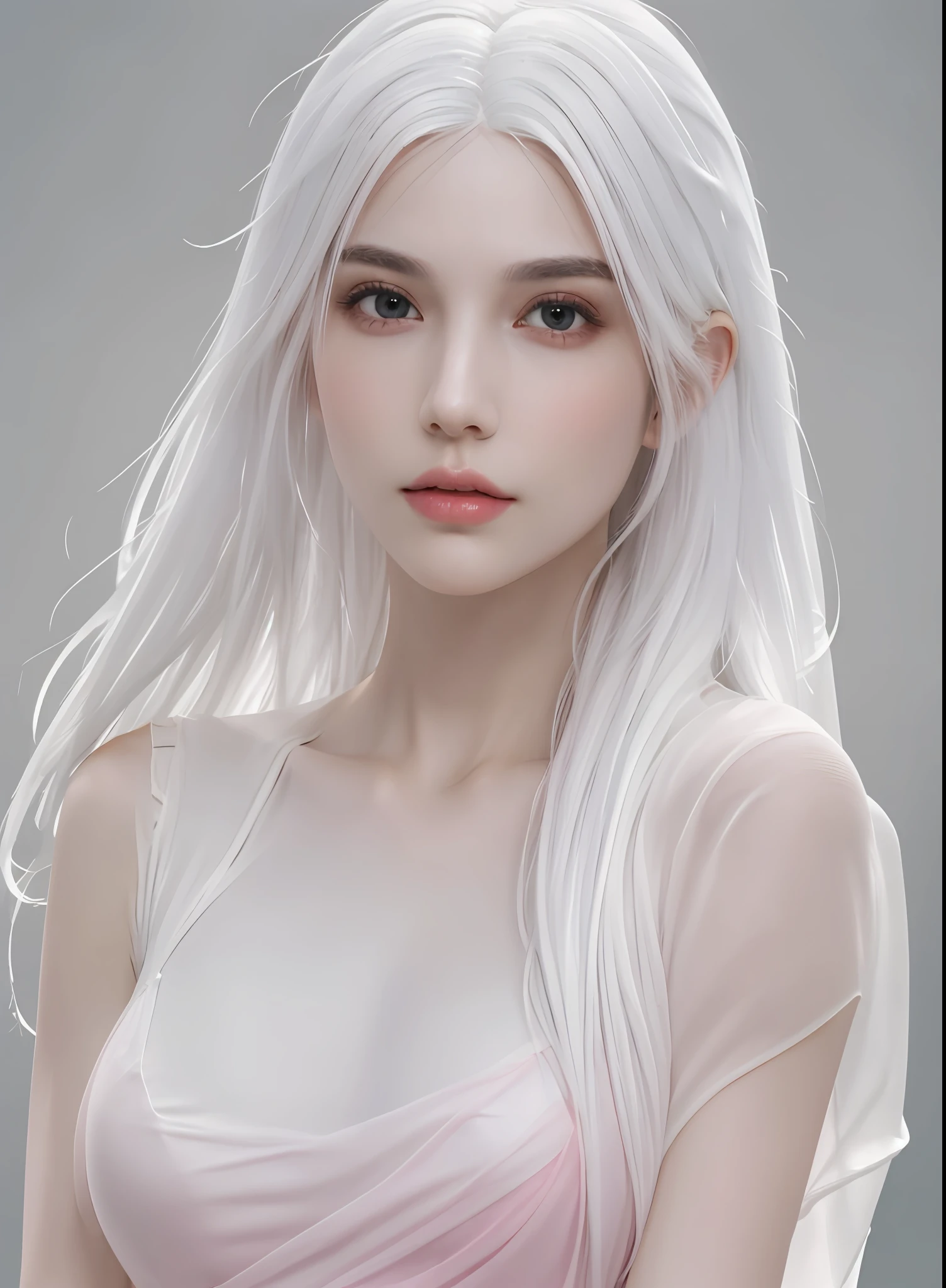 1girl, ((upper half body, narrow waist, waist, girl, white hair, long hair, black eyes)), (front view, from front), looking at viewer, Best quality, masterpiece, ultra high res, (photorealistic:1.4), 8k, clean, (incredibly absurdres, ultra-detailed,CG ,unity ,8k wallpaper), (detailed face :1.4),(beautiful detailed eyes :1.2),(detailed hair), light on face, cinematic lighting, perfect face, lips, adult, solo, Pink Sheer Dress, See Through, (( white skin, real skin, middle_breasts))