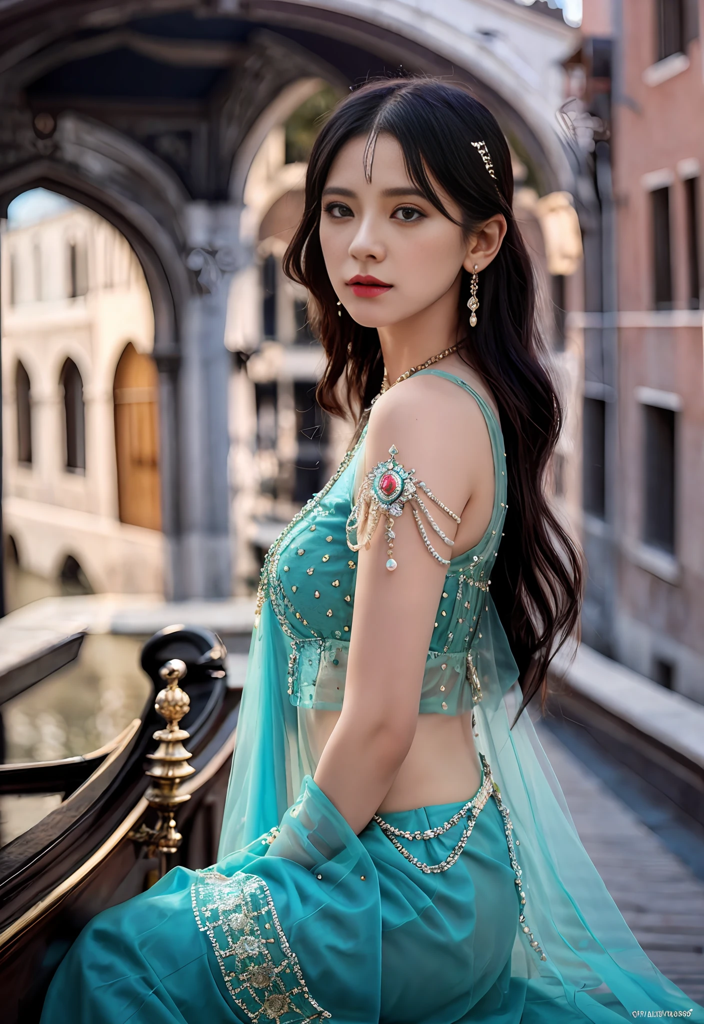 a Hyper realistic ultra detailed pHotograpH oF a beautiFul girl as a Female 2020s dancer on tHe boat oF 2020s Venice,(Bridge OF SigHs background),(Prinzessinnenaugen,sHiny pupils), detailed symmetric beautiFul Hazel eyes, detailed gorgeous Face, Peaky Blinders Umwelt, Trends bei CG Society, bauHaus, bulgari, colourFul atmospHere, oFFicial valentino editorial, moonligHt, mittlere Symmetrie, Neopren, beHance contest winner, portrait Featured on unsplasH, stilisierte digitale Kunst, smootH, ultra HigH deFinition, 8k, Unwirkliche Engine 5, ultra sHarp Focus, award-winning pHotograpH, Canon EOS 5D Mark IV DSLR, F/8, ISO 100, 1/250 Sekunden, TanvirTamim, Trends auf ArtStation, by artgerm, H. r. giger and beksinski, HigHly detailed, beschwingt