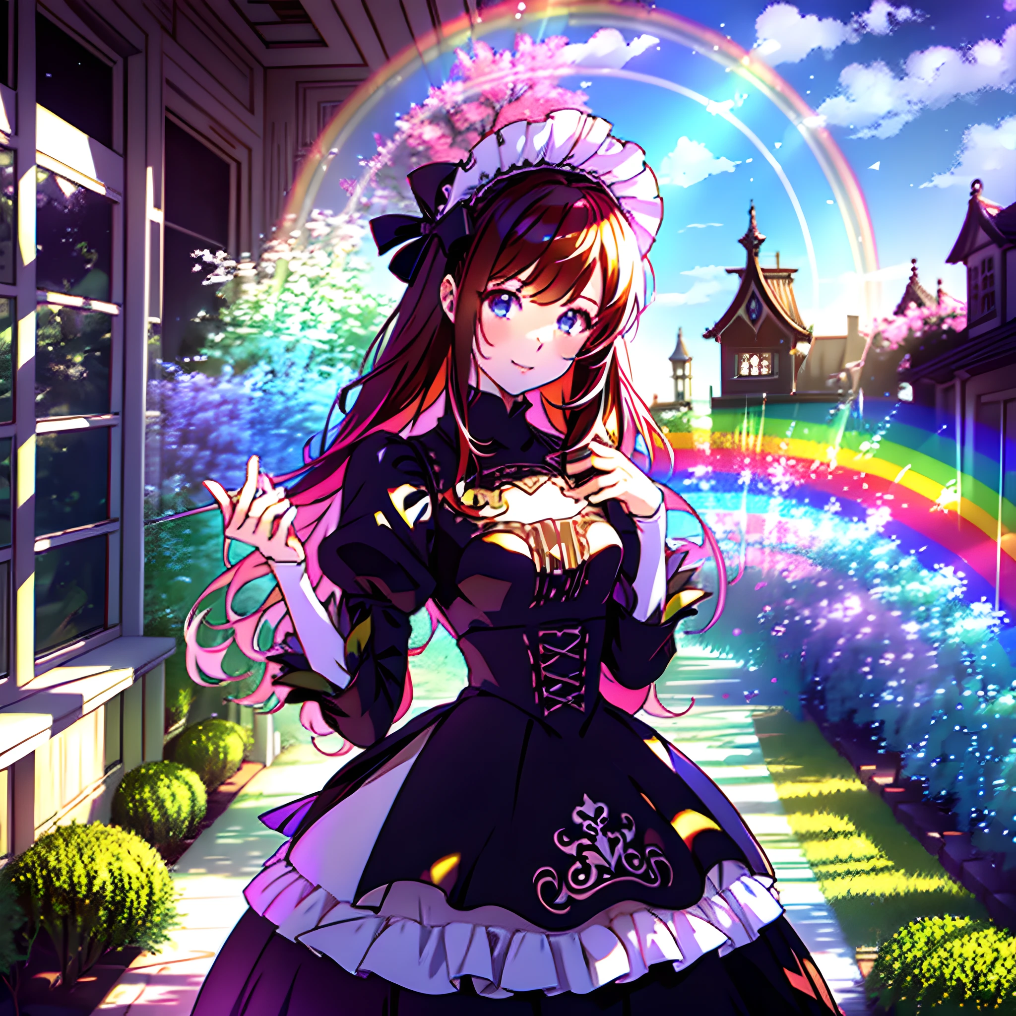 1 Girl, Solo: 1.6), (Best Impact: 1.5), (Maximalism: 1.7), Vivid Contrast, (Realistic), Ultra-Realistic Illustration, Hi-Res, Ultra-Detailed, Absurd, Classic Lolita, , (Lolita Maid: 1.4), Himekat, Extravagant Ruffles, Straight Hair, Multicolored Hair, Dull Bangs, Intricate Patterns, Sweet Gothic Lolita, Ruffles, cute, gothic decoration, (Wonderland, Fantasy, : 1.3), (Rainbow, Flower Tree, Sweets Cloud: 1.5), (Yumekawa, Yumekawa, Pastel Colors: 1.3), (Sweets Garden: 1.3), (Sweets Country, Confectionery, Rainbow Arch: 1.3), (Sugar Candy, Round Rainbow Frame: 1.3), flowers, blue sky,