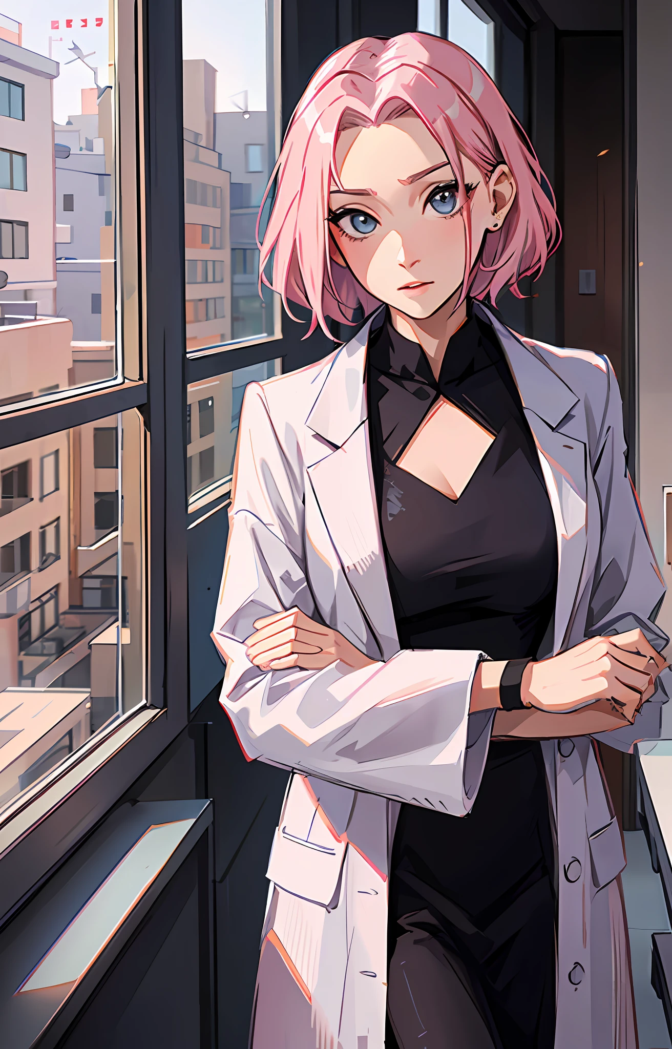 SakuraNS, ((solo)), alone, ((forehead the show)), elegant, wearing a white lab coat, pink hair, delicate, young, short hair, detailed face, high definition, ((full body)), full body, ((serious)), in a hospital, looking at the city outside the window, doctor, she is a beautiful woman of success, face with high quality,medical, high definition, sharp, sharp features, no bandana,  unadorned
