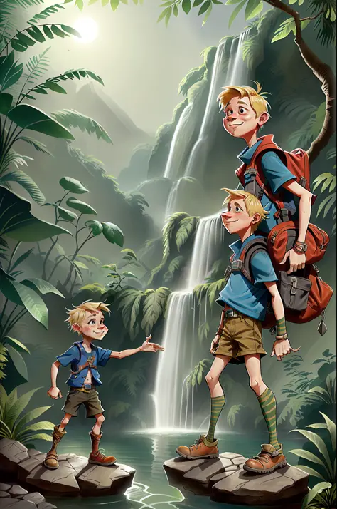 a blonde kid standing on a rock in a jungle near a waterfall, adventurer, backpack