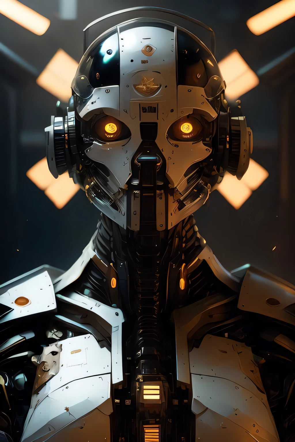 rz88mkultr4, a closeup of a robot ,    dark lighting, very symmetrical shot, laying white panels, from Behind, High quality, highly detailed, centered, solid colors, digital painting, artstation, concept art, smooth, sharp focus, illustration, summer vibrancy, lighting, by John Collier and Albert Aublet and Krenz Cushart and Artem Demura and Alphonse Mucha