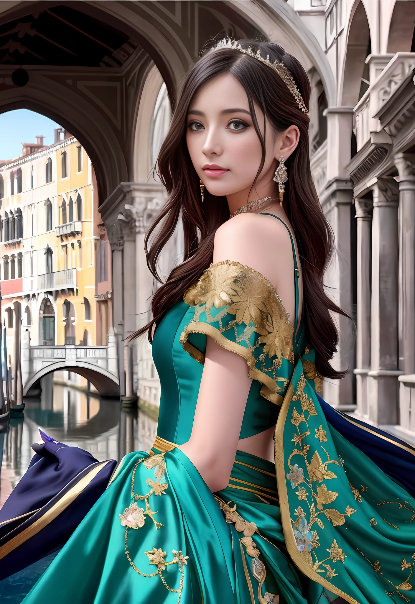 modelshoot style, (extremely detailed CG unity 8k wallpaper), full shot body photo of the most beautiful artwork in the world, stunningly beautiful photo realistic cute women, a hyper realistic ultra detailed photograph of a beautiful girl as a female 2020s dancer on the boat of 2020s Venice,(Bridge Of Sighs background),(princess eyes,shiny pupils), detailed symmetric beautiful hazel eyes, detailed gorgeous face,highly detailed, vibrant,professional majestic oil painting by Ed Blinkey, Atey Ghailan, Studio Ghibli, by Jeremy Mann, Greg Manchess, Antonio Moro, trending on ArtStation, trending on CGSociety, Intricate, High Detail, Sharp focus, dramatic, photorealistic painting art by midjourney and greg rutkowski