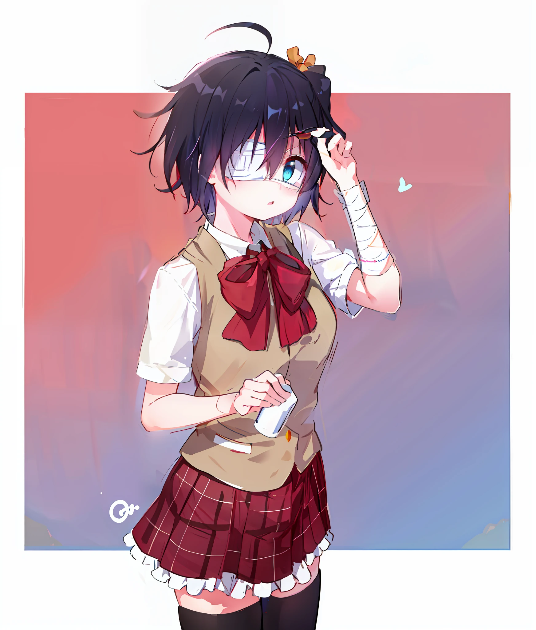 high res, masterpiece,Rikka Takanashi, black hair, solo, 1girl,outside,deatailed background, detailed eyes, ((blue eyes)), eyepatch