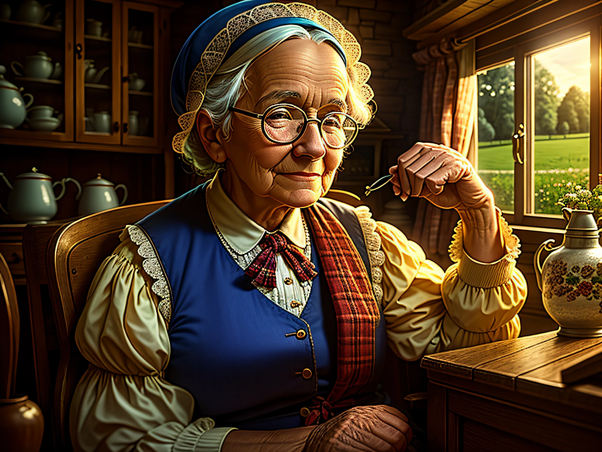 High quality, nostalgic scene detailed country house. Grandmother with glasses sitting outside the house, beautiful and affectionate facial expressions of high quality, low light