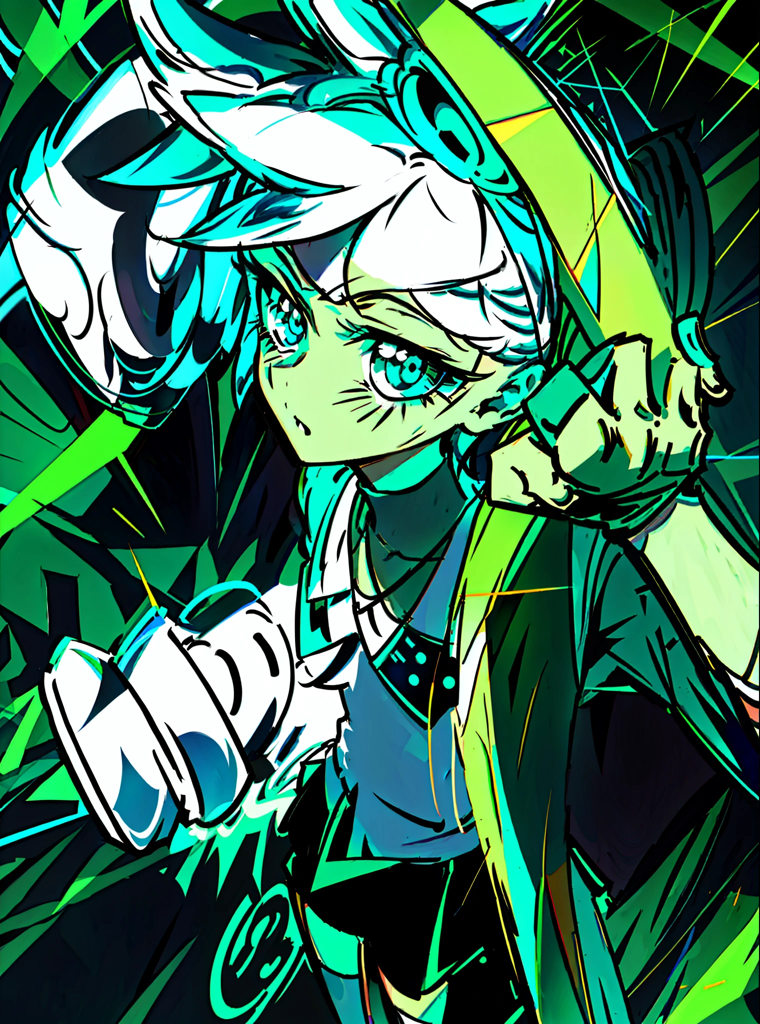 a close up of a cartoon character with a green background, rad, digital art from danganronpa, weirdcore voidpunk fursona, green colored skin!!, faded!, raal, badass pose, parietal art style, with splatoon style, cell shaded!!!, rads, danny phantom, “uwu the prismatic person, “diamonds, raver