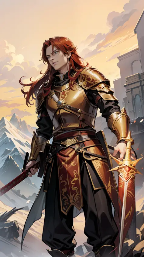 A 23-year-old man with long red hair and orange eyes, his armor is red and gold, has dragon scales and a band of white fabric on...