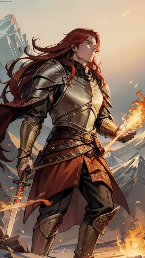 A 23-year-old man with long red hair and orange eyes, his armor is red and gold, has dragon scales and a band of white fabric on...