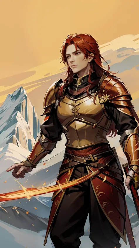 A 23-year-old man with long red hair and orange eyes, his armor is red and gold, has dragon scales and a band of white fabric on...