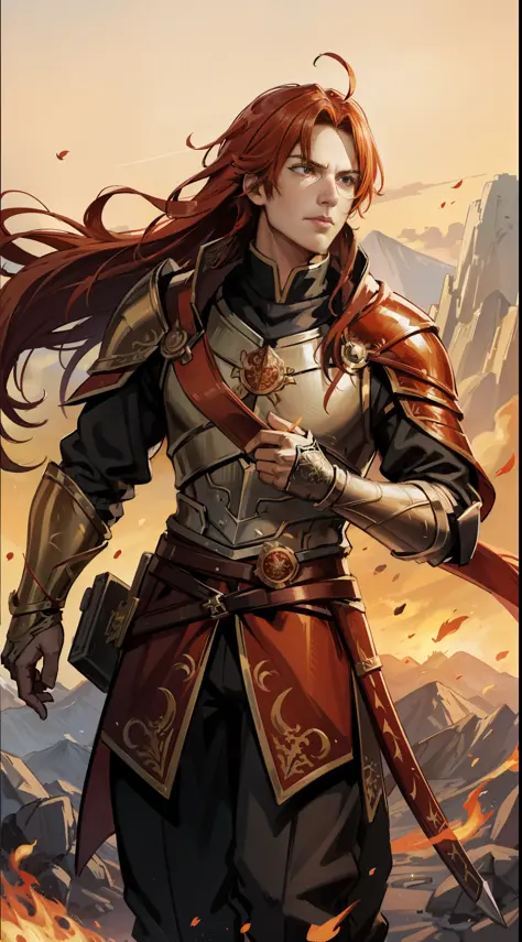 a 23-year-old man with long red hair and orange eyes, his armor is red and gold, has dragon scales and a band of white fabric on...