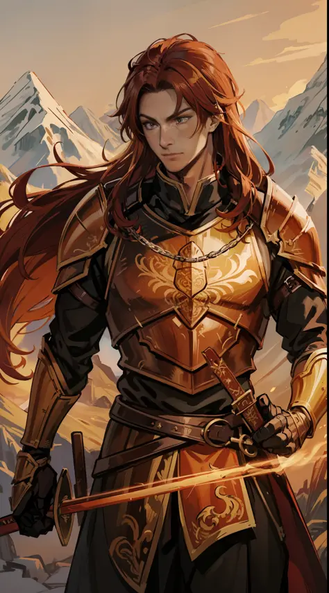 A 23-year-old man with long red hair and orange eyes, his armor is red and gold, has dragon scales and a band of white fabric on...