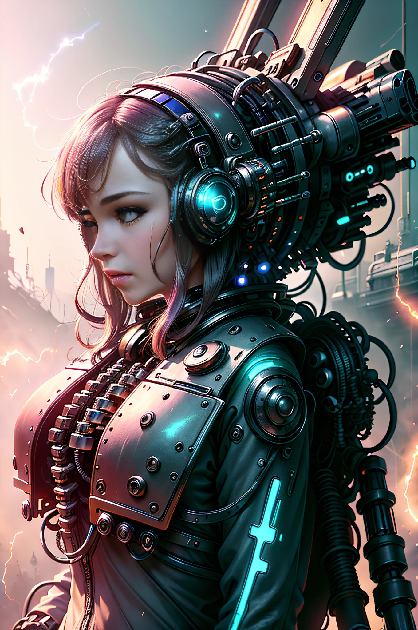 (Masterpiece, Top Quality, Best Quality, Official Art, Beauty and Aesthetic: 1.2), (1 Girl), Mecha, Future, Technology, Light, Cyberpunk City, Entanglement, Upper Body, Extremely Detailed, (Fractal Art: 1.3), colorful and most detailed