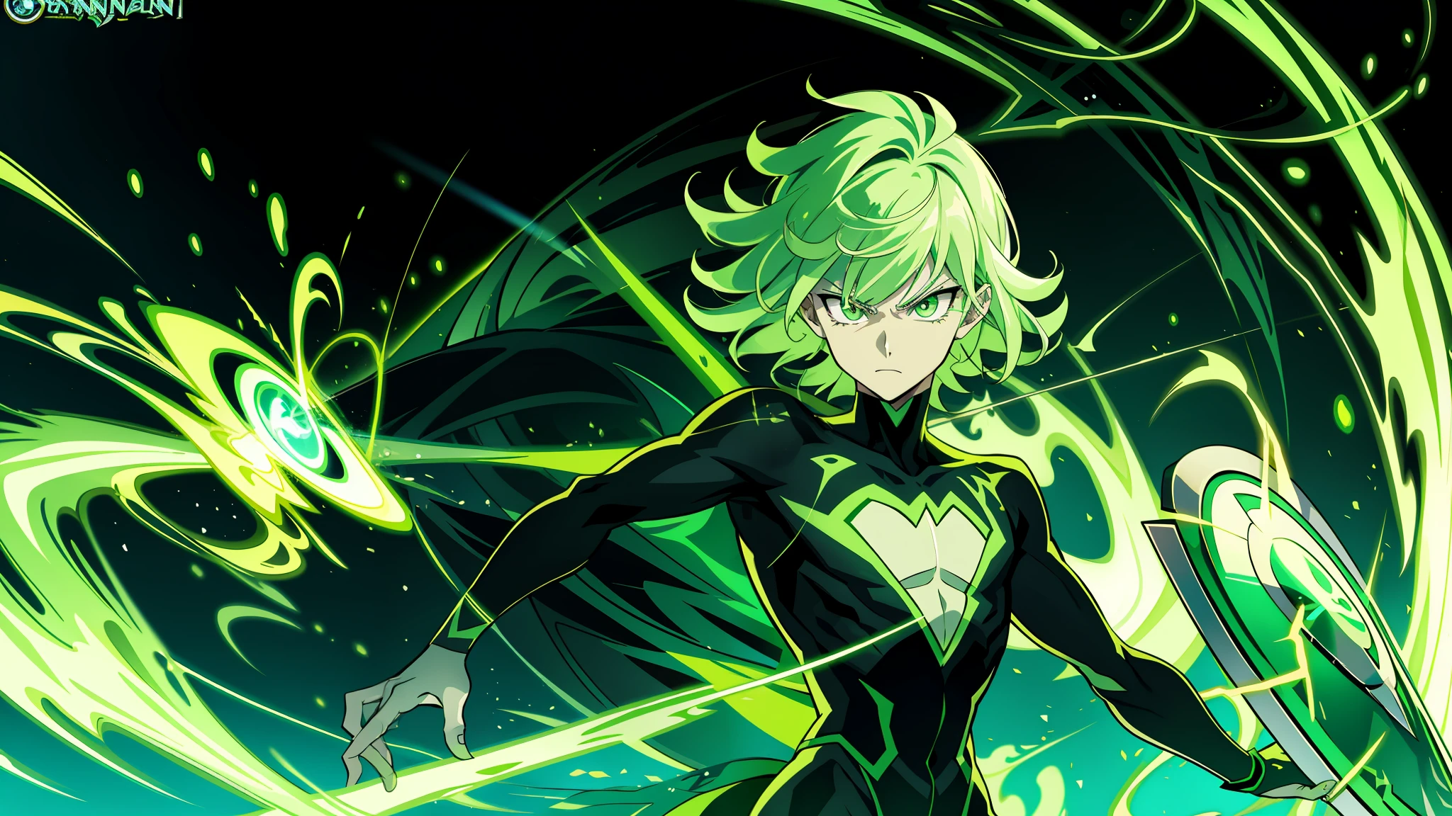 a close up of a cartoon character with a green background, glowing green soul blade, danny phantom, digital green fox, badass anime 8 k, hd artwork, menacing aura, green aura, anime style 4 k, varguyart style, trigger anime artstyle, full res, background artwork, this character has cryokinesis, evil aura, powering up aura