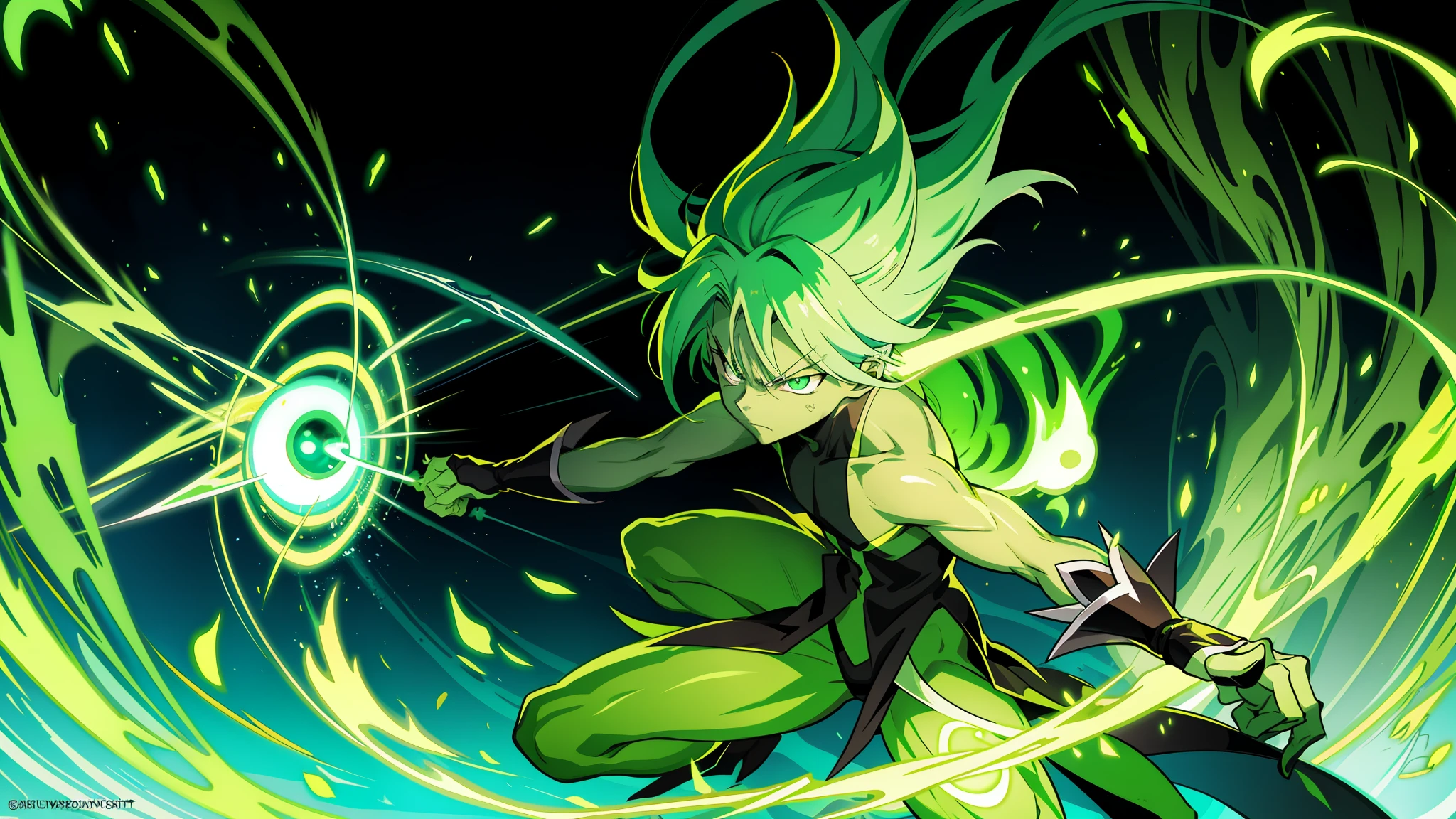 a close up of a cartoon character with a green background, glowing green soul blade, danny phantom, digital green fox, badass anime 8 k, hd artwork, menacing aura, green aura, anime style 4 k, varguyart style, trigger anime artstyle, full res, background artwork, this character has cryokinesis, evil aura, powering up aura