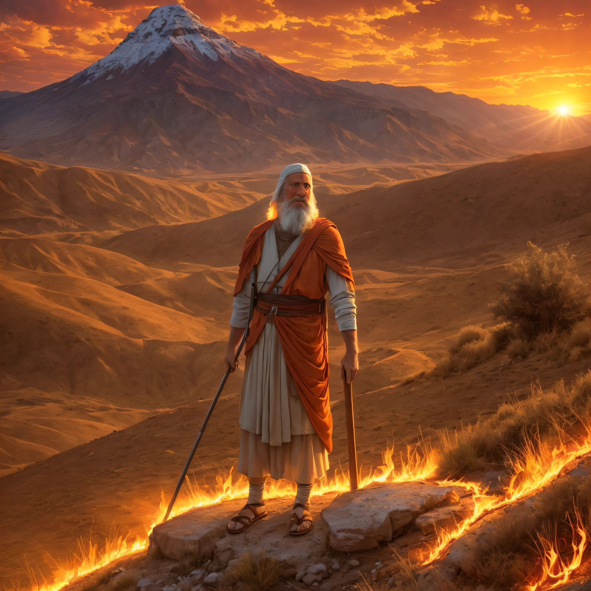 Moses before the burning full bush on Mount Horeb. Moses is an old man dressed as a shepherd. The bush is on bright, vibrant flames, but it is not consumed by fire. Moses looks with amazement and admiration at the bush. The surrounding environment is mountainous and desert, with the sun setting and illuminating the scene with an orange light. This image represents the moment when Moses is called by God to deliver the people of Israel. --auto --s2
