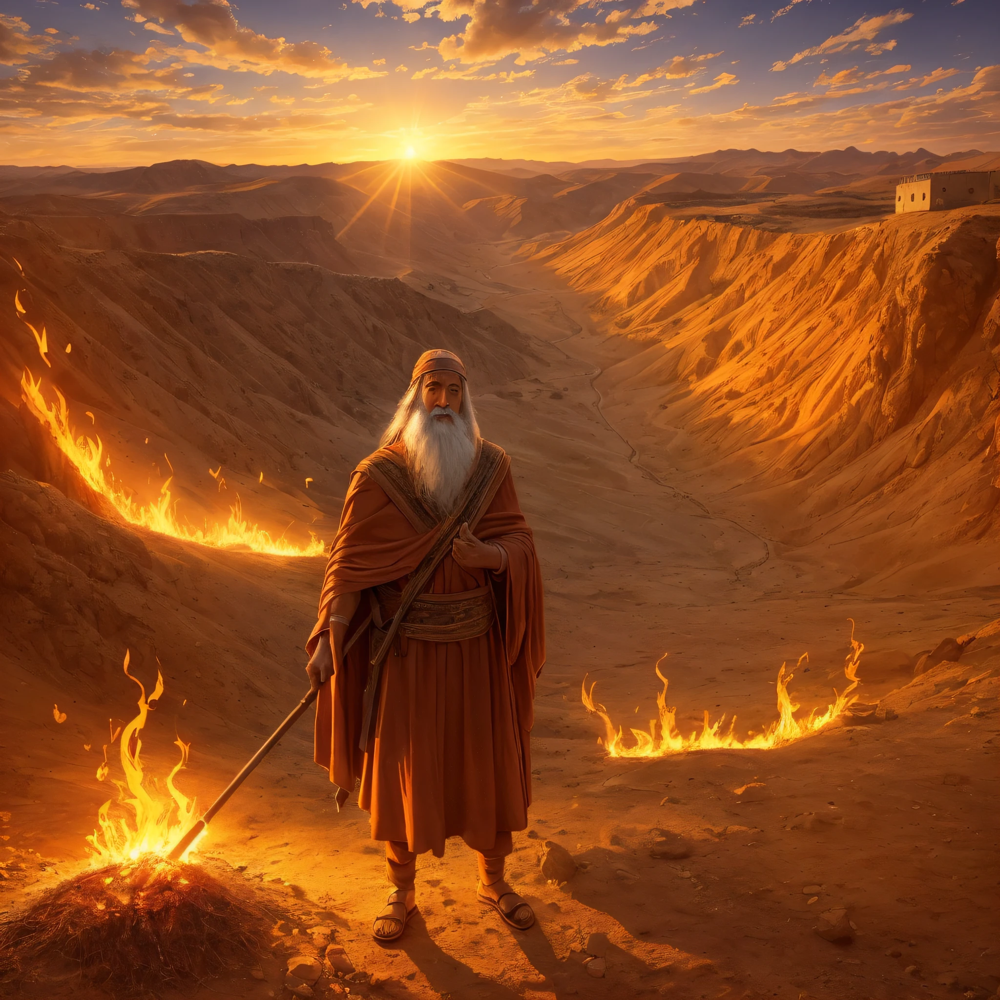 Moses before the burning full bush on Mount Horeb. Moses is an old man dressed as a shepherd. The bush is on bright, vibrant flames, but it is not consumed by fire. Moses looks with amazement and admiration at the bush. The surrounding environment is mountainous and desert, with the sun setting and illuminating the scene with an orange light. This image represents the moment when Moses is called by God to deliver the people of Israel. --auto --s2