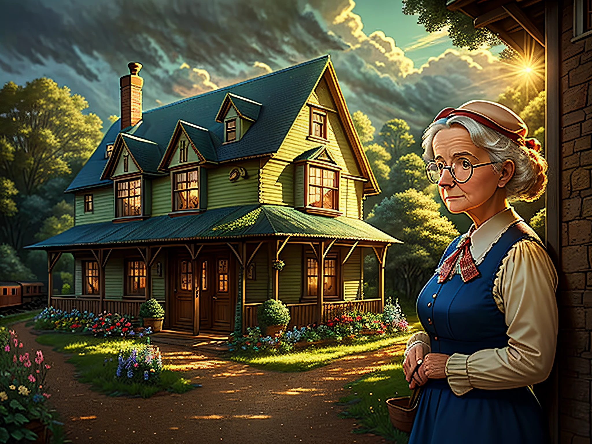 High quality, High quality, nostalgic scene detailed country house. Grandmother with glasses alone, near the house watching the train arrive, little lightnostalgic cottage detailed. Grandmother with glasses near the house watching the train arrive, low light