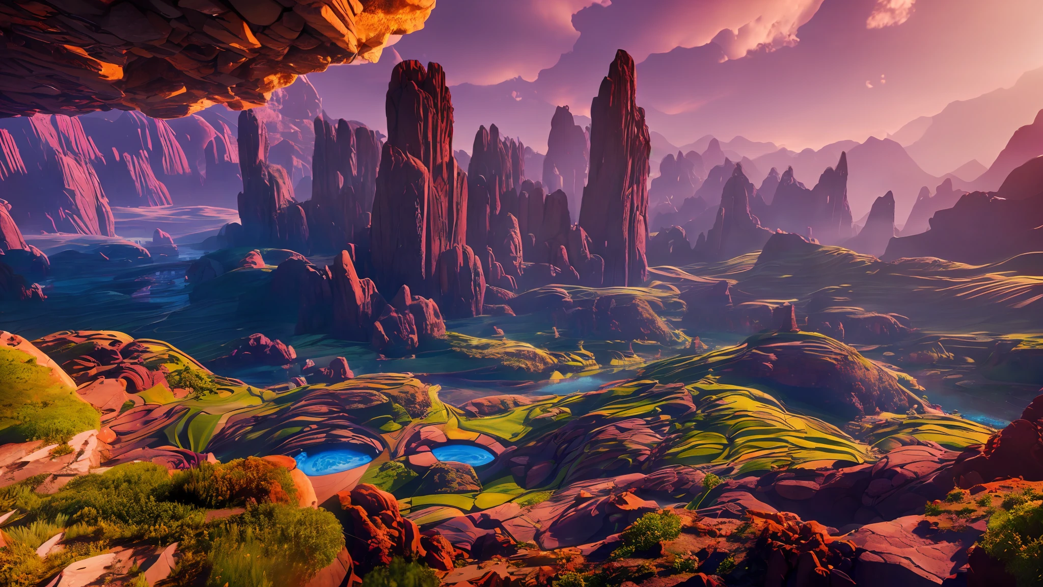 a photorealistic landscape of a multiverse, with a surreal color scheme and dramatic lighting, featuring maximum texture and volumetric lighting, using the Unreal Engine and HDR, --auto --s2