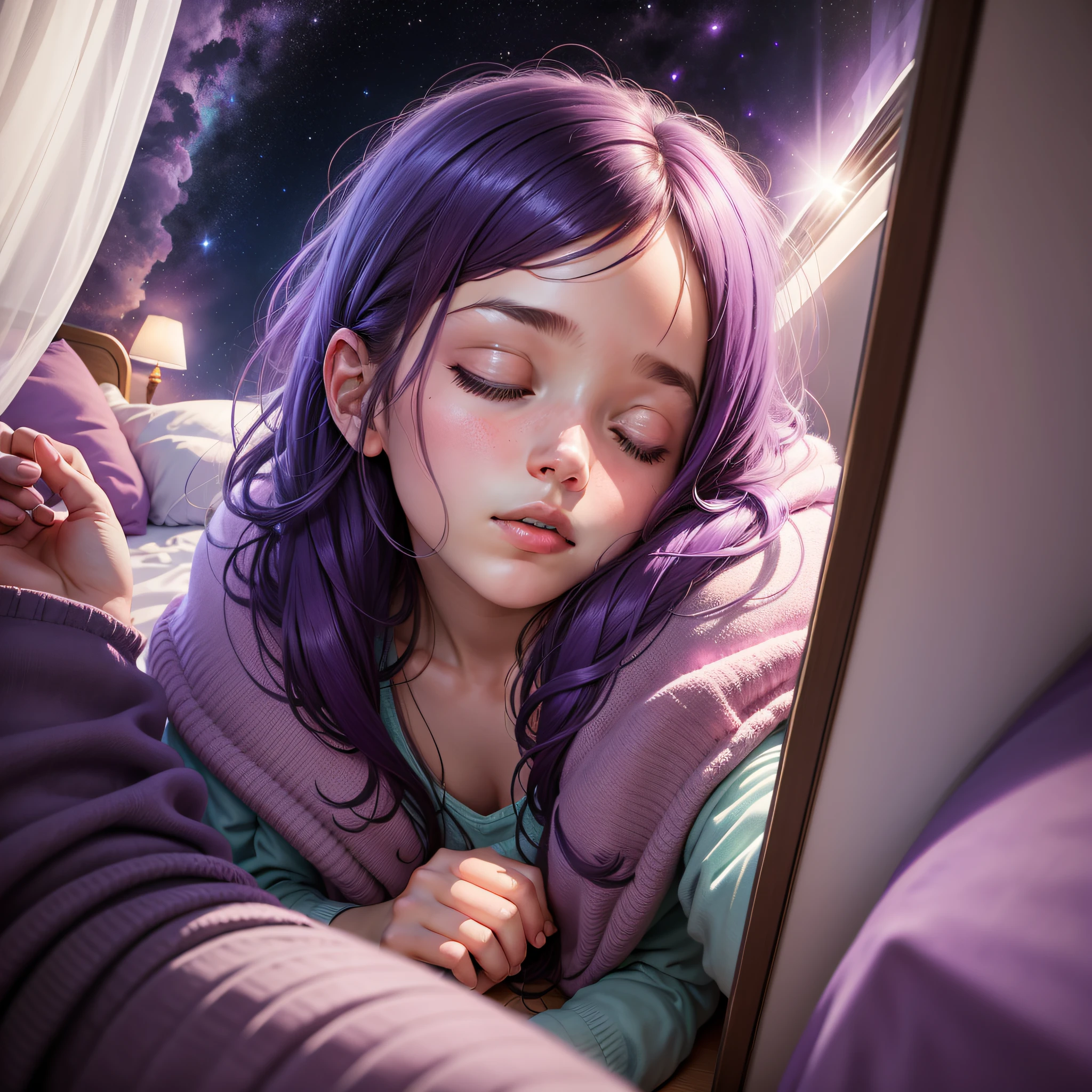 Quarto com 1 menina dormindo e sonhando com uma viagem para uma galáxia violeta
