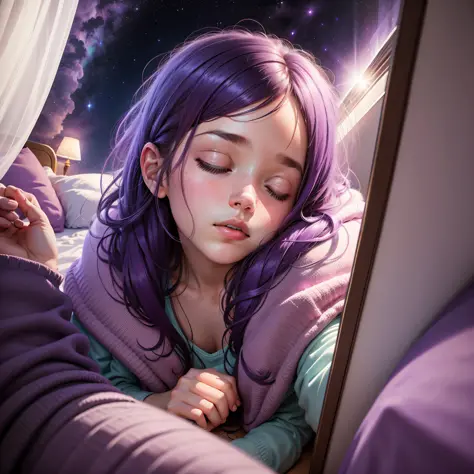 Room with 1 girl sleeping and dreaming of a trip to a violet galaxy