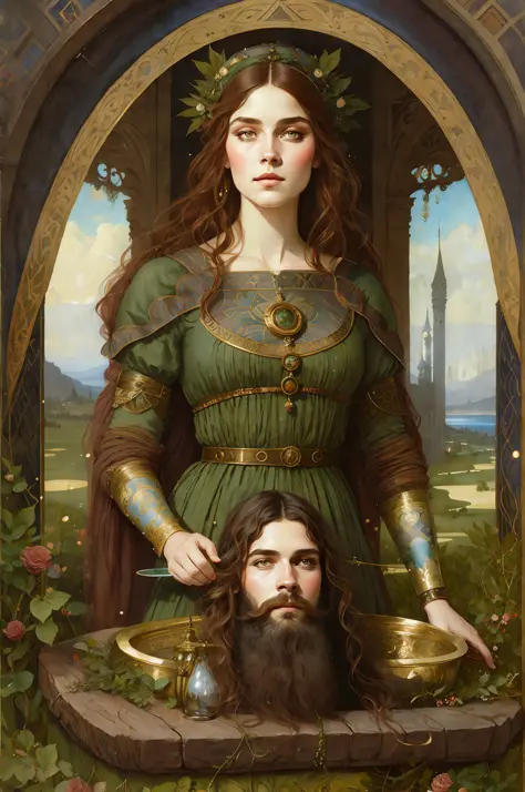 painting of a woman with a beard and a man with a beard, tom bagshaw weta studio, tom bagshaw donato giancola, mucha klimt and t...