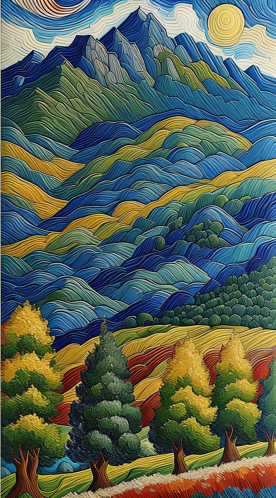 mountains with trees, landscape, van gogh style painting, --auto --s2