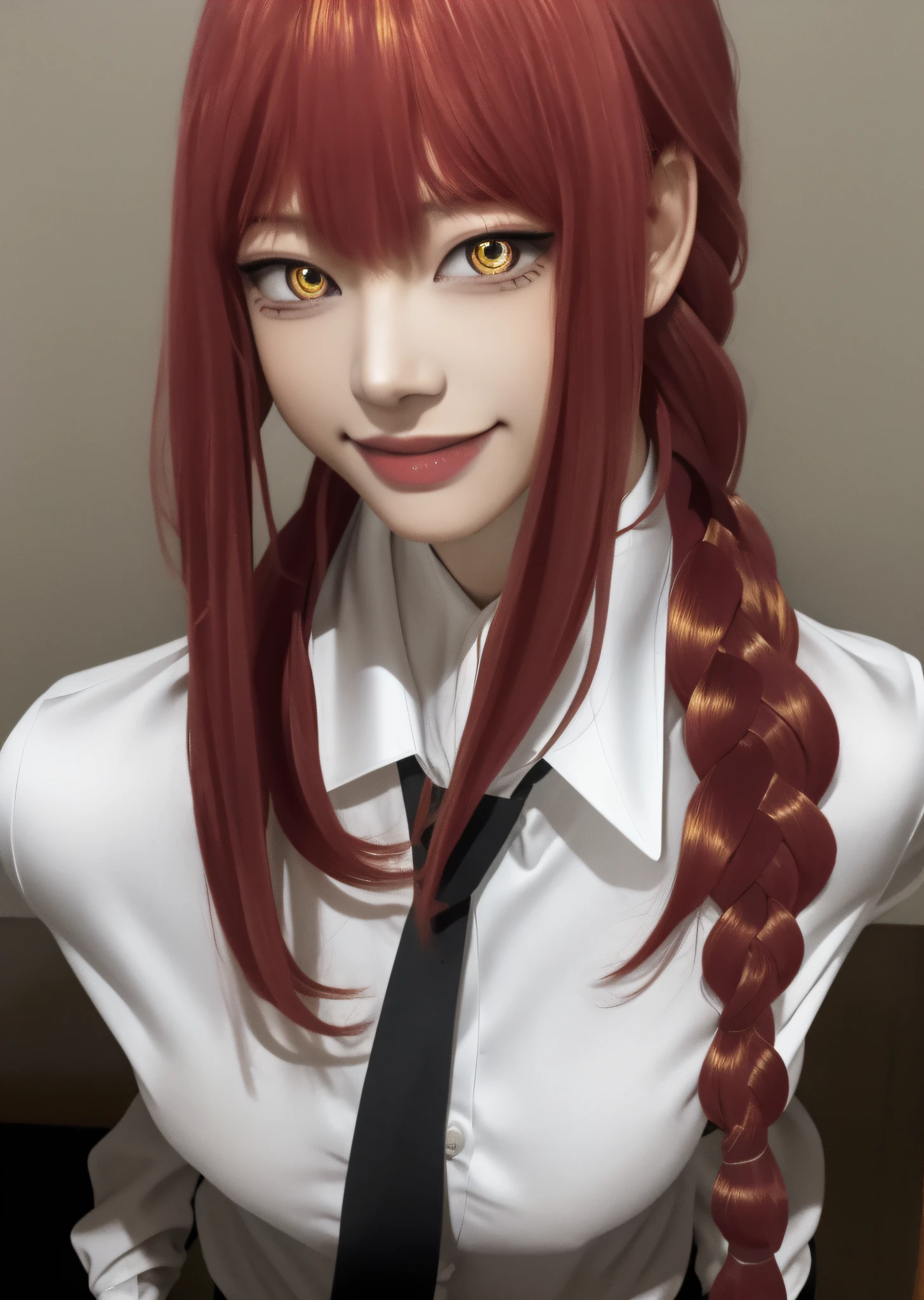 (masterpiece), (best quality),makima \(chainsaw man\), best quality, ultra detailed, 1girl, solo, standing, red hair, long braided hair, golden eyes, sexy, tied \(non-sexual\), bangs, large breasts, low-cut white shirt, loose tie, staring, smile, (bad:1.2), looking at the viewer, (interview:1.3), (dark background, sitting in the office)