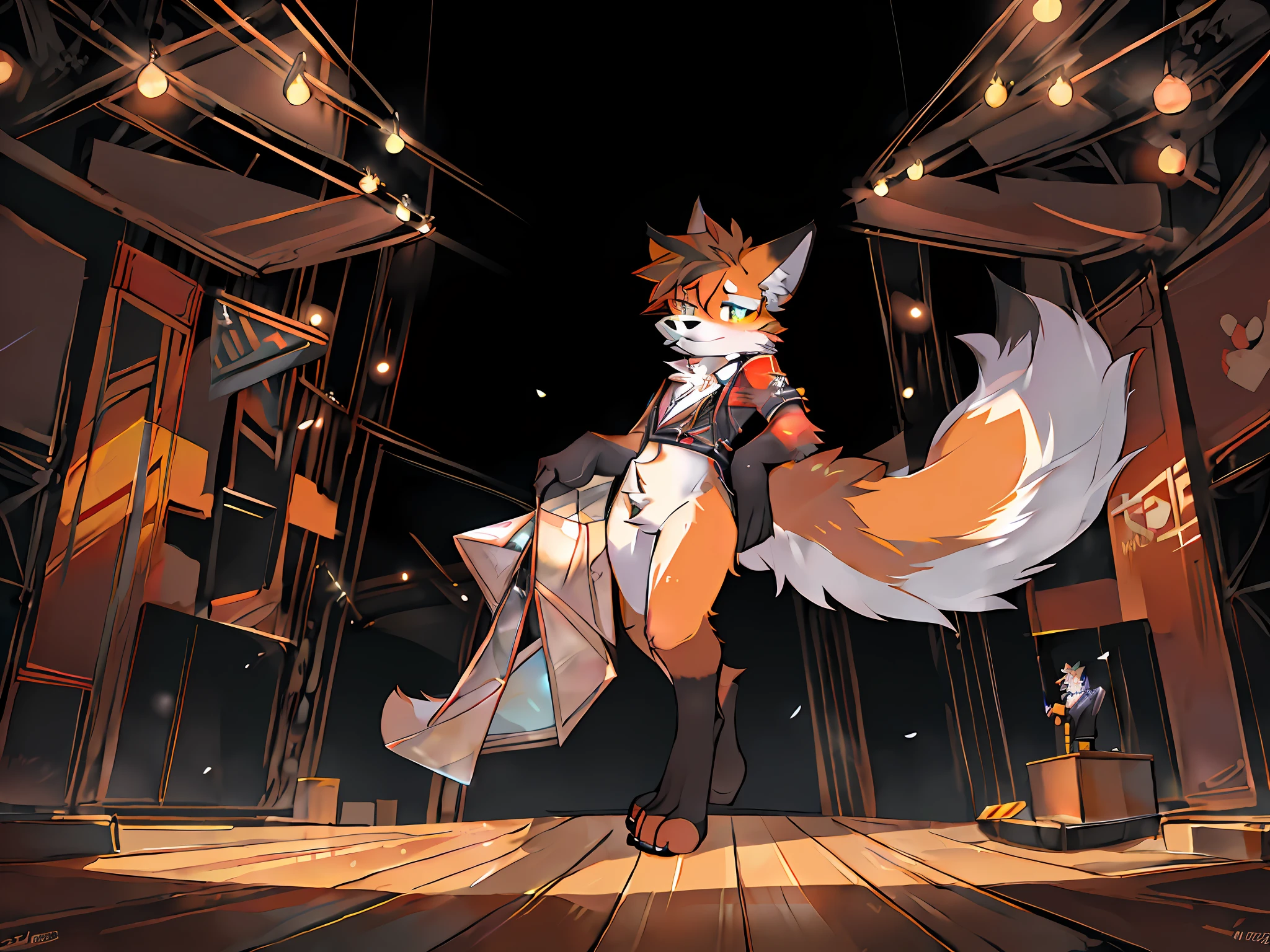 anime - style illustration of a fox in a suit and tie standing on a stage, an anthropomorphic cyberpunk fox, very very beautiful furry art, an anthro fox, commission for high res, fursona furry art commission, fursona art, fursona commission, furries wearing tails, an anthropomorphic fox, pov furry art, art of silverfox