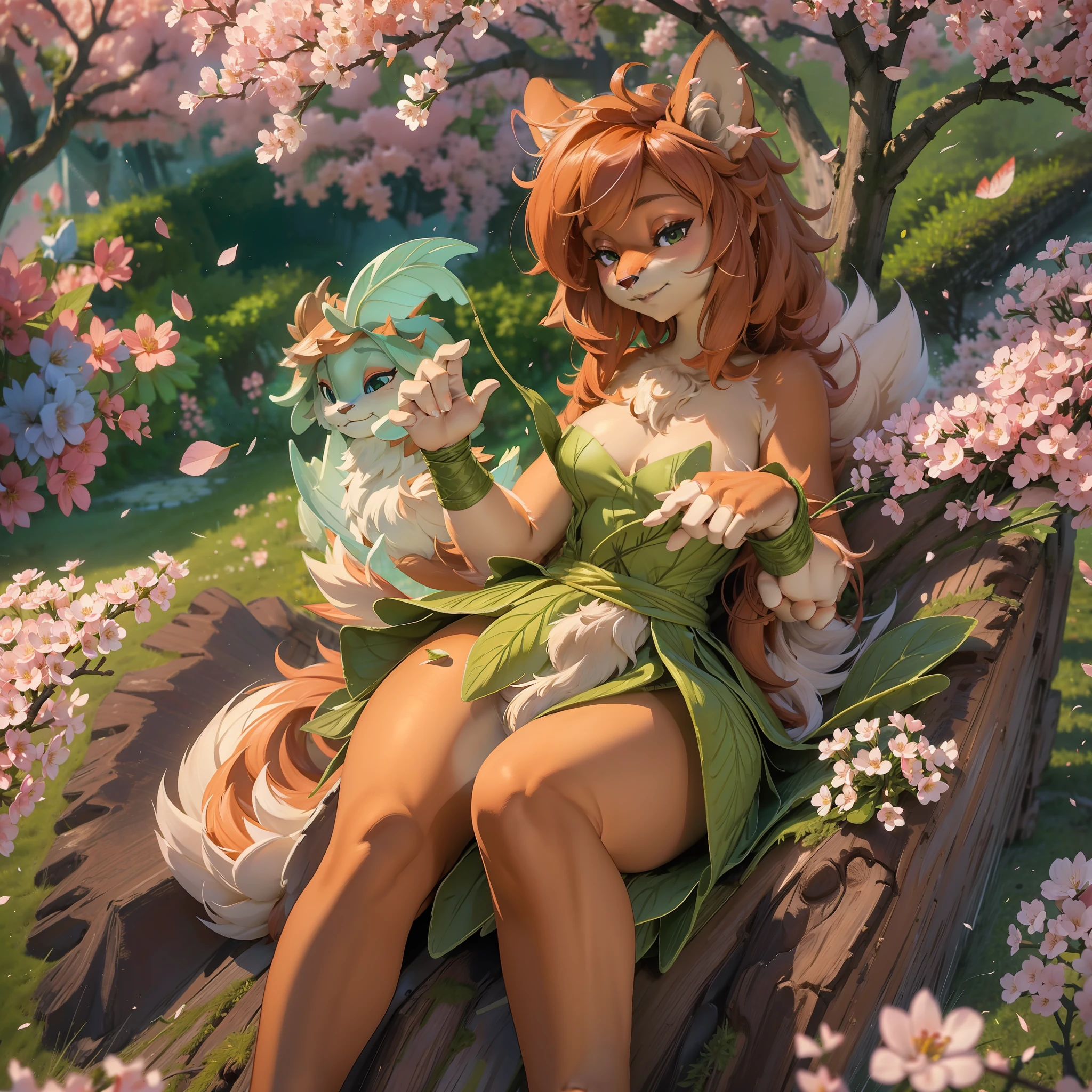 Elora fluffy, detailed and extremely fluffy body fur, fluff, masterpiece, looking at beautiful surroundings, detailed background, happy, leaf dress, SFW, hooves, cherry blossom tree, floating in a boat, four fingers, detailed hands, rose petals, lake, white castle