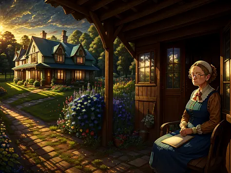 "(((Masterpiece))), better quality, nostalgic scene detailed country house, grandmother with glasses, alone, outdoors, near the ...