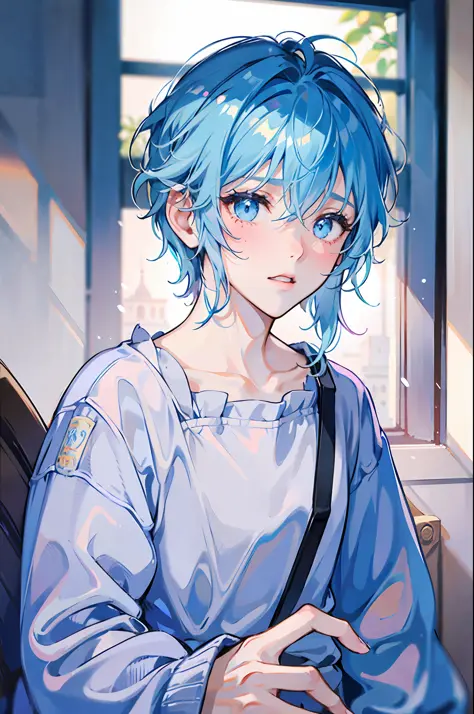 1 boy, young, delicate and feminine, light blue hair and eyes, wearing modern baggy clothes, blushing, shy look