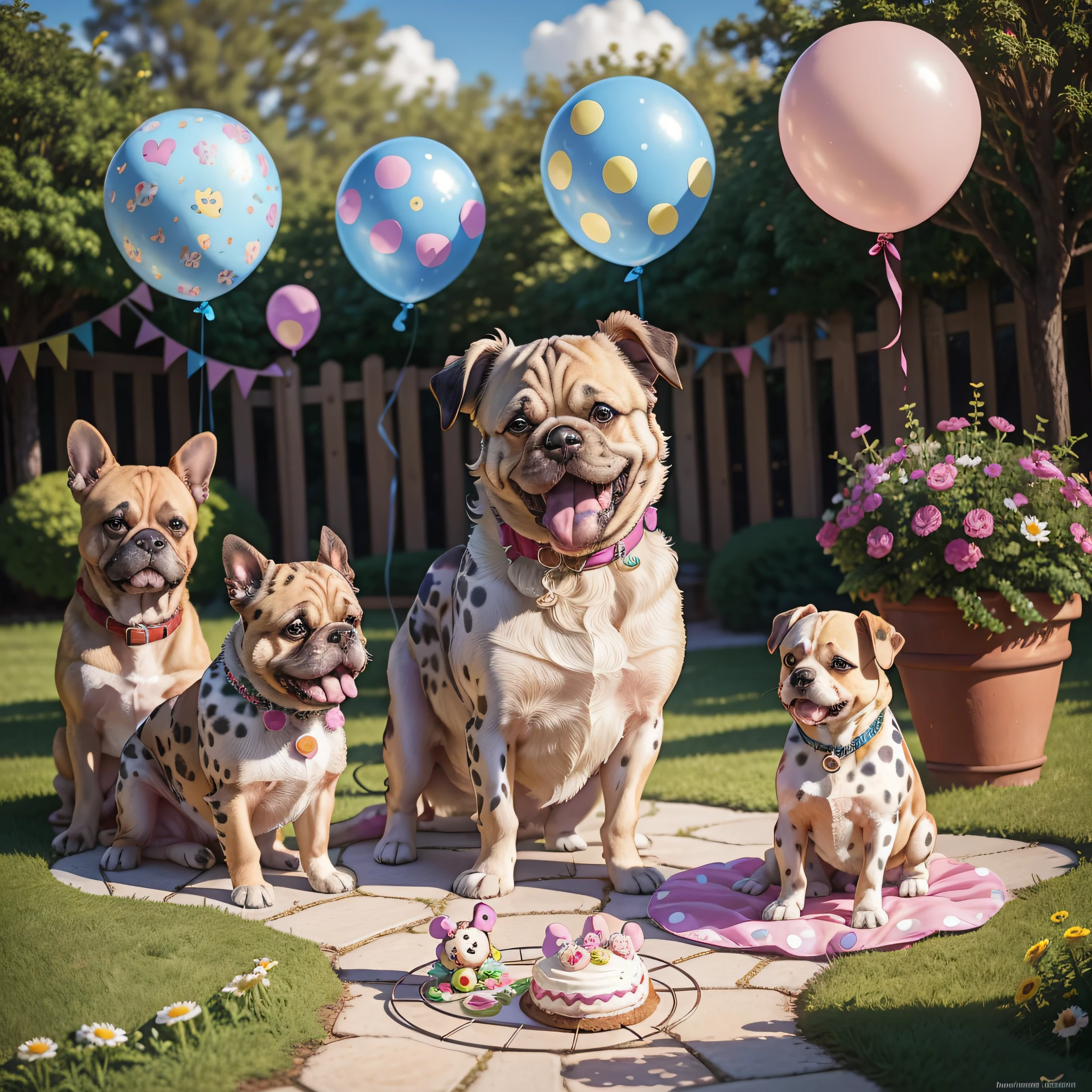 "Fiesta en el jardín, cachorros de diferentes razas (Pug:1.2, perro perdiguero de oro, Labrador, Dalmatian, Bulldog Frances, Chihuahua:1.1, Beagle, caniche), algunos gatos, pastel de chocolate decorado, diversos dulces coloridos, muchos globos de colores, alegre y vivaz , estilo disney (Mickey Mouse, Minnie Mouse, Pato Donald, margarita), 8K, ultra detallado, detalles intrincados." --auto --s2