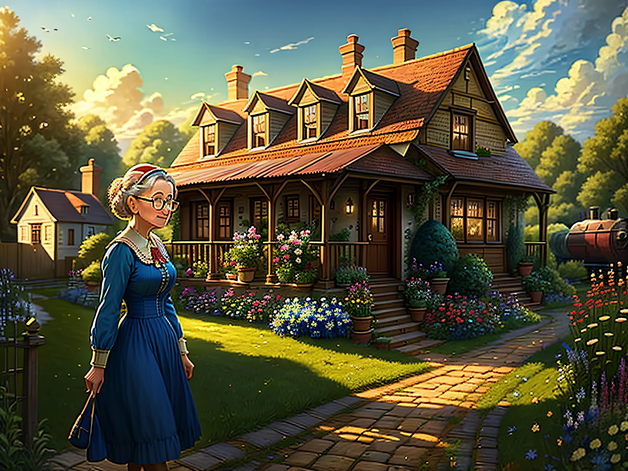 "(((Masterpiece)))), better quality, nostalgic scene detailed country house, grandmother with glasses, alone, cheerful air, outdoors, near the house to see the train arrive, low light, ultra-detailed details."