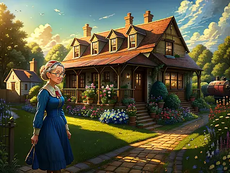 "(((Masterpiece)))), better quality, nostalgic scene detailed country house, grandmother with glasses, alone, cheerful air, outd...