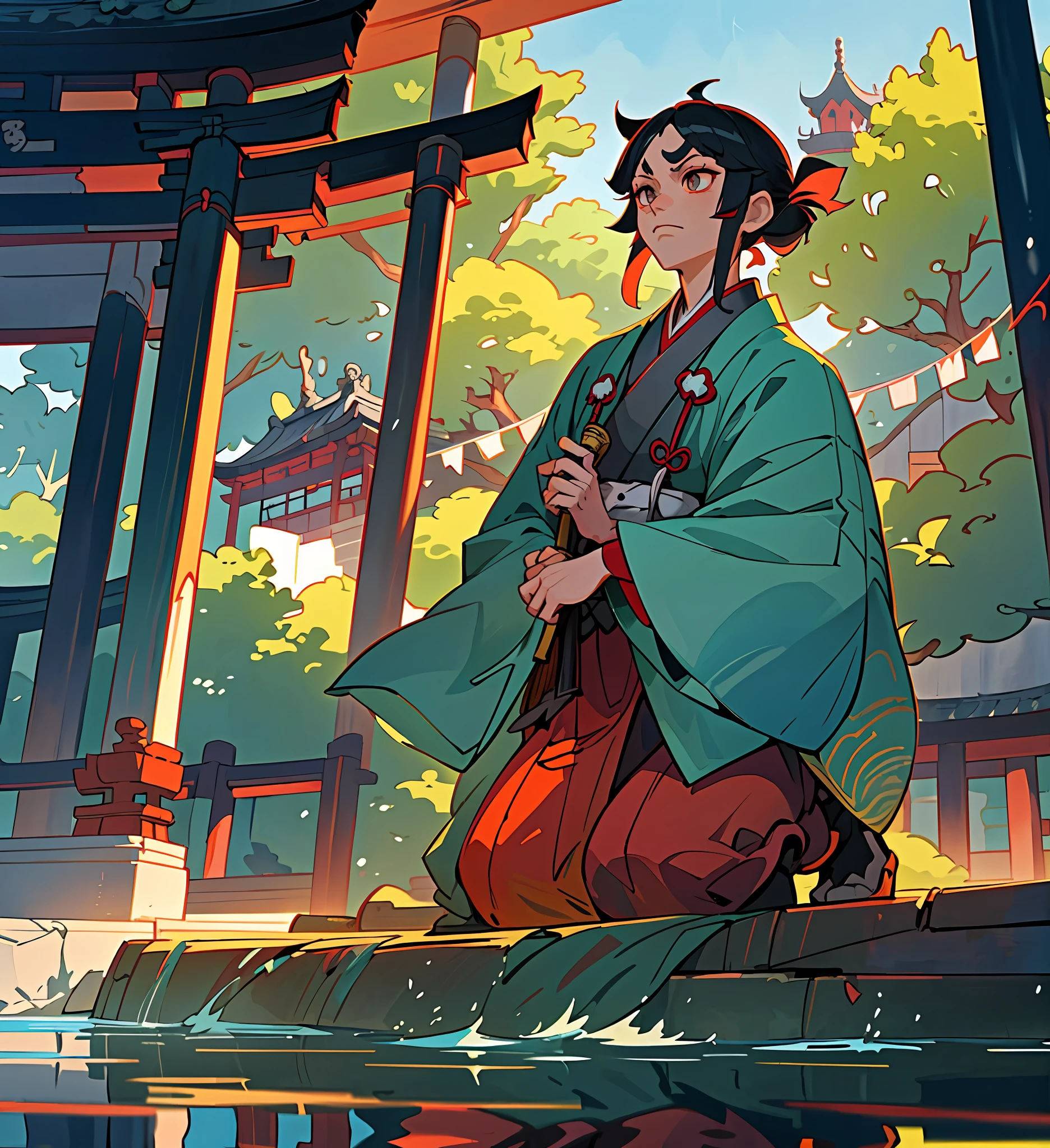 anime character sitting on a platform with a reflection in the water, palace ， a girl in hanfu, handsome guy in demon slayer art, digital anime illustration, anime style illustration, demon slayer rui fanart, artwork in the style of guweiz, japanese art style, handsome japanese demon boy, by Ryan Yee, artgerm and atey ghailan