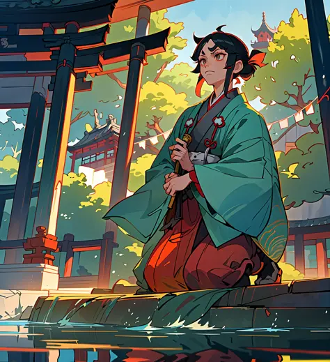 anime character sitting on a platform with a reflection in the water, palace ， a girl in hanfu, handsome guy in demon slayer art, digital anime illustration, anime style illustration, demon slayer rui fanart, artwork in the style of guweiz, japanese art st...
