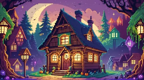 pixelart, retro,mystical forest, detailed, pixel style, witch cabin house, halloween theme, spirits, ghosts, potions, beautiful,...